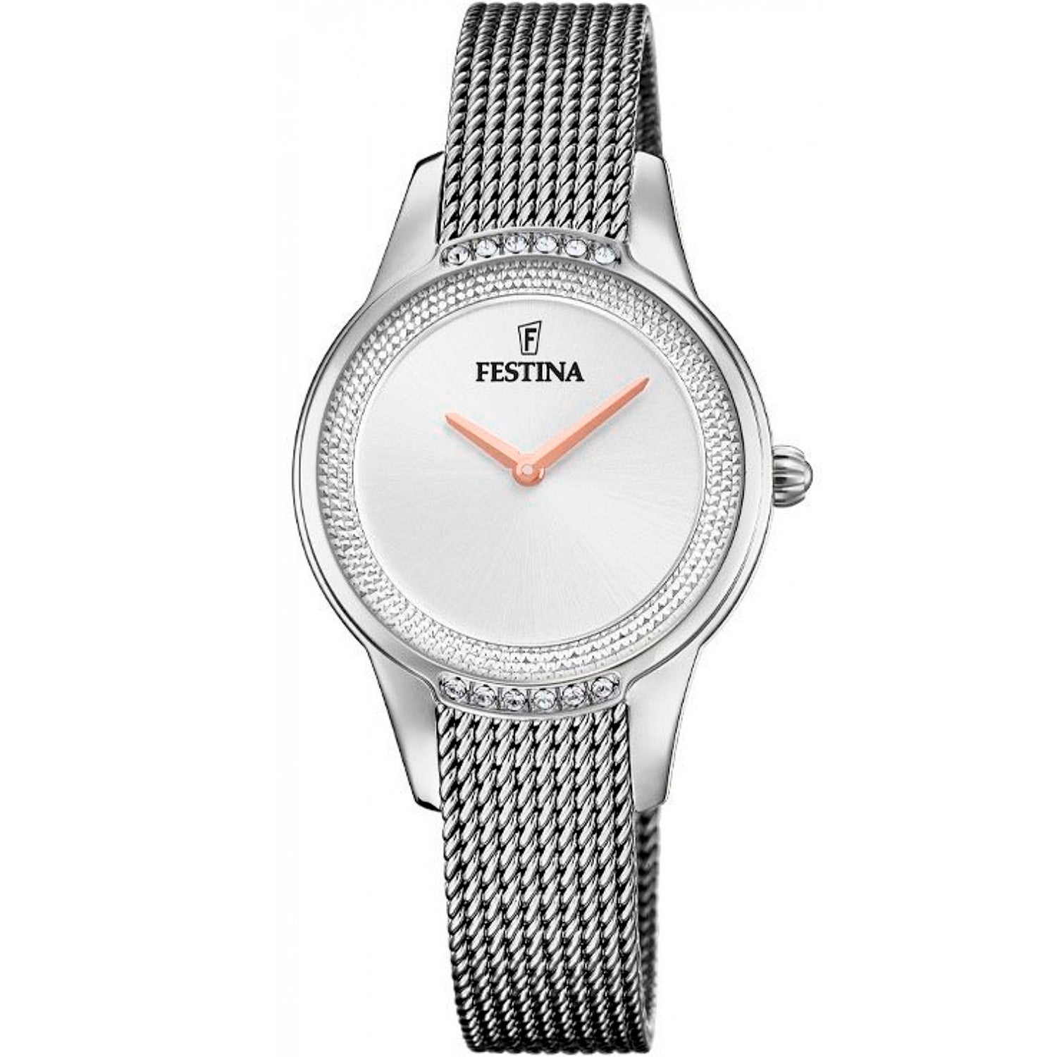 Silberne Festina Damenuhr mit Metall-Meshband, rundem Zifferblatt und Zirkonia-Lünette