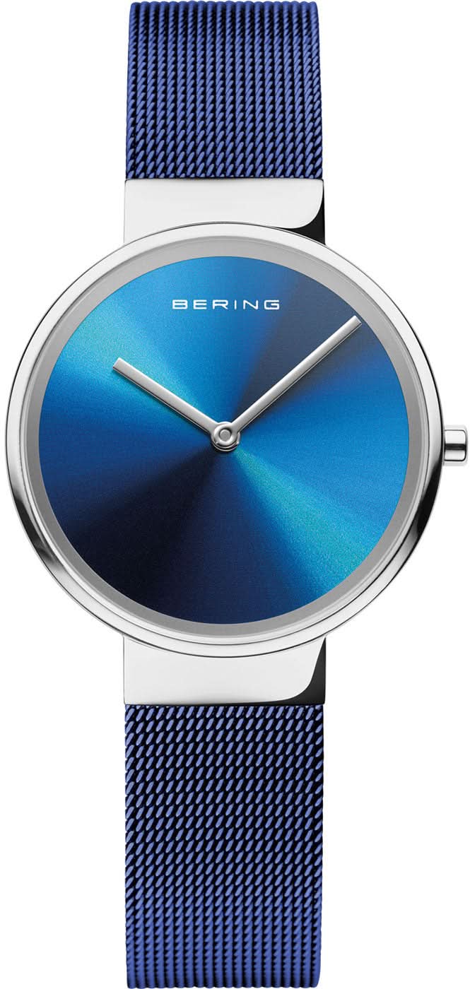 Damenuhr mit blauem Milanaise-Armband, rundem Gehäuse und blauem Zifferblatt