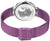 Damenuhr mit violettem Milanaise-Armband und Schließe; Gehäuseboden mit Motiv