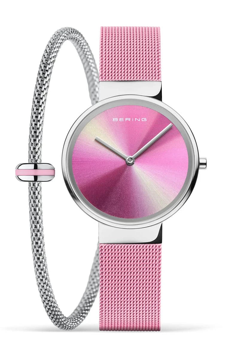 Montre pour femme avec bracelet milanais rose, cadran rond rose et aiguilles