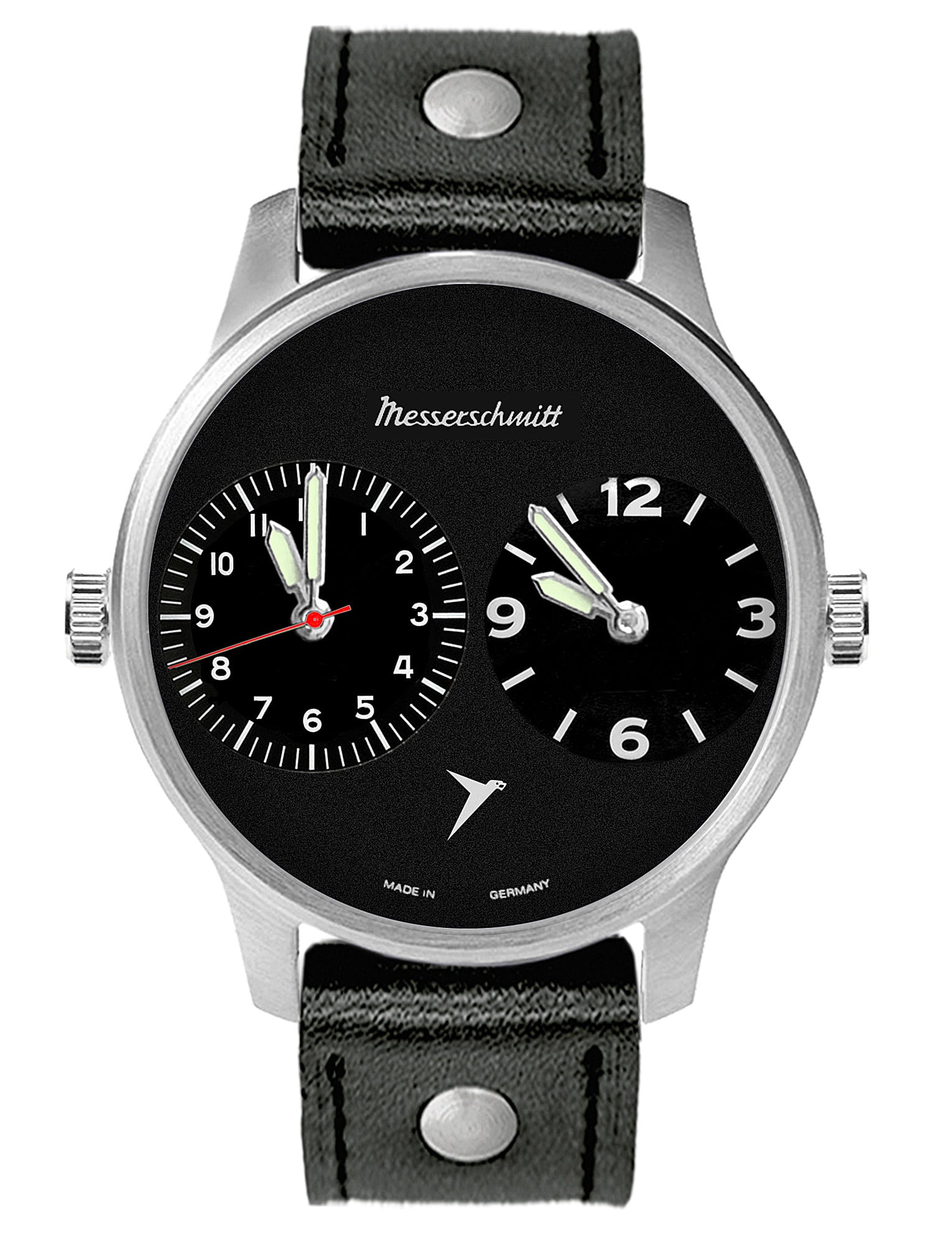 Messerschmitt Herrenarmbanduhr mit schwarzem Zifferblatt, Lederarmband und zwei Zeitzonen