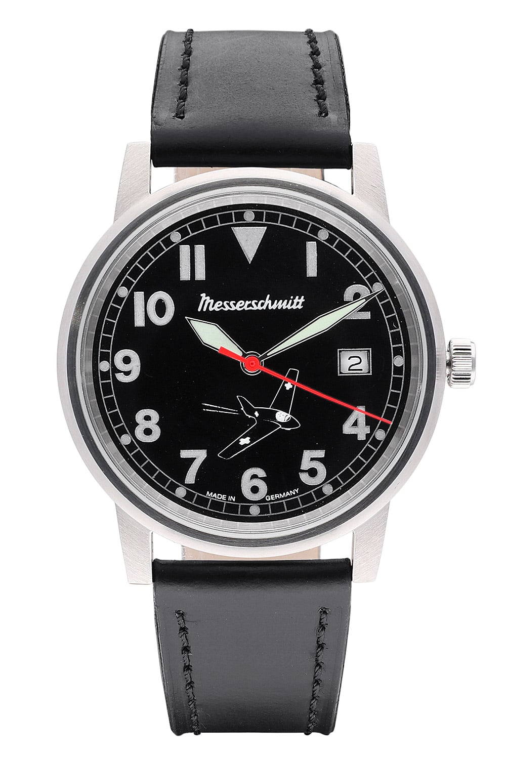 Messerschmitt Herrenarmbanduhr mit schwarzem Zifferblatt, roten Zeigern und Lederarmband.