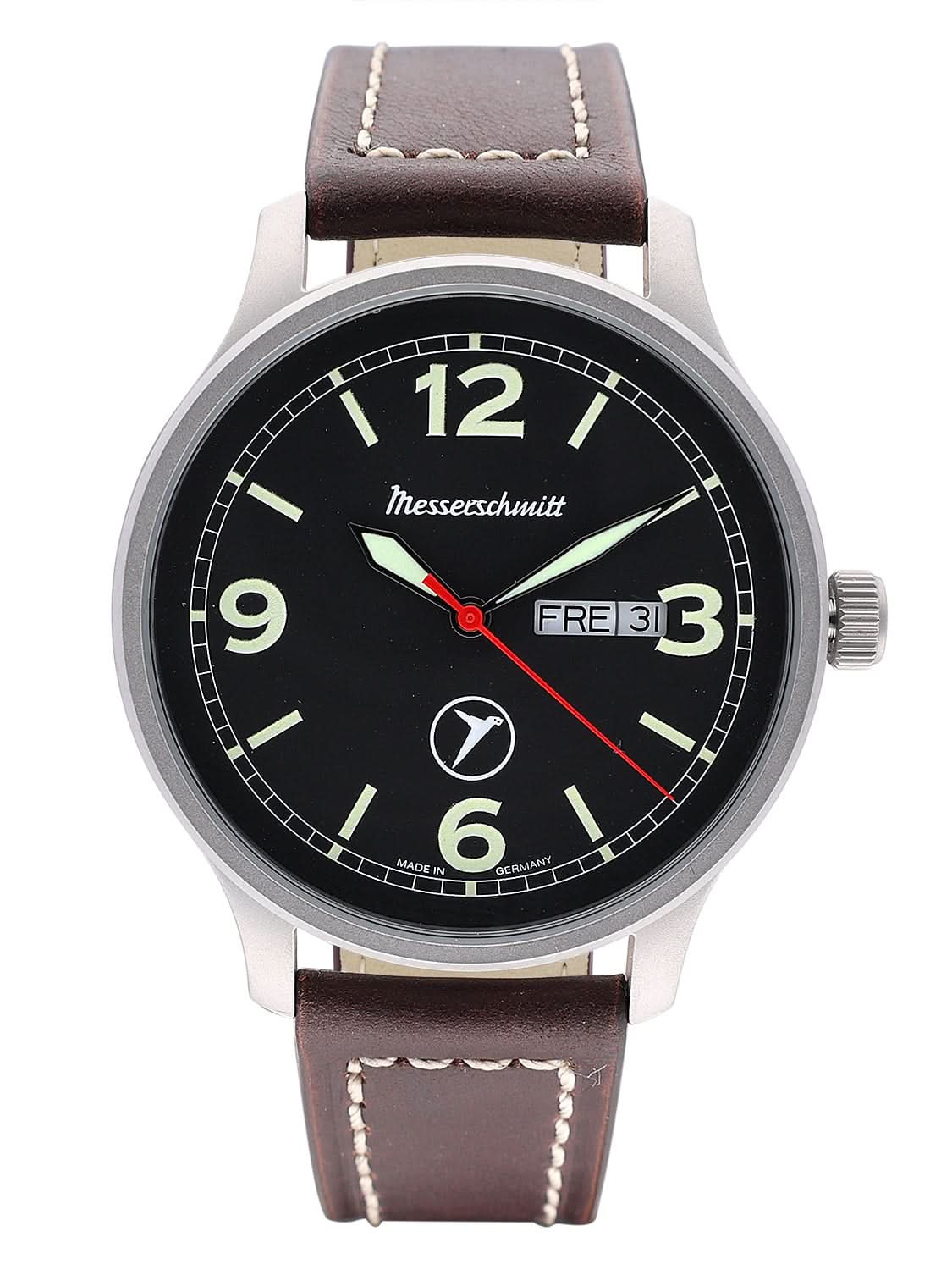 Bracelet de montre pour homme avec cadran noir, aiguilles rouges, bracelet en cuir marron, boîtier en acier