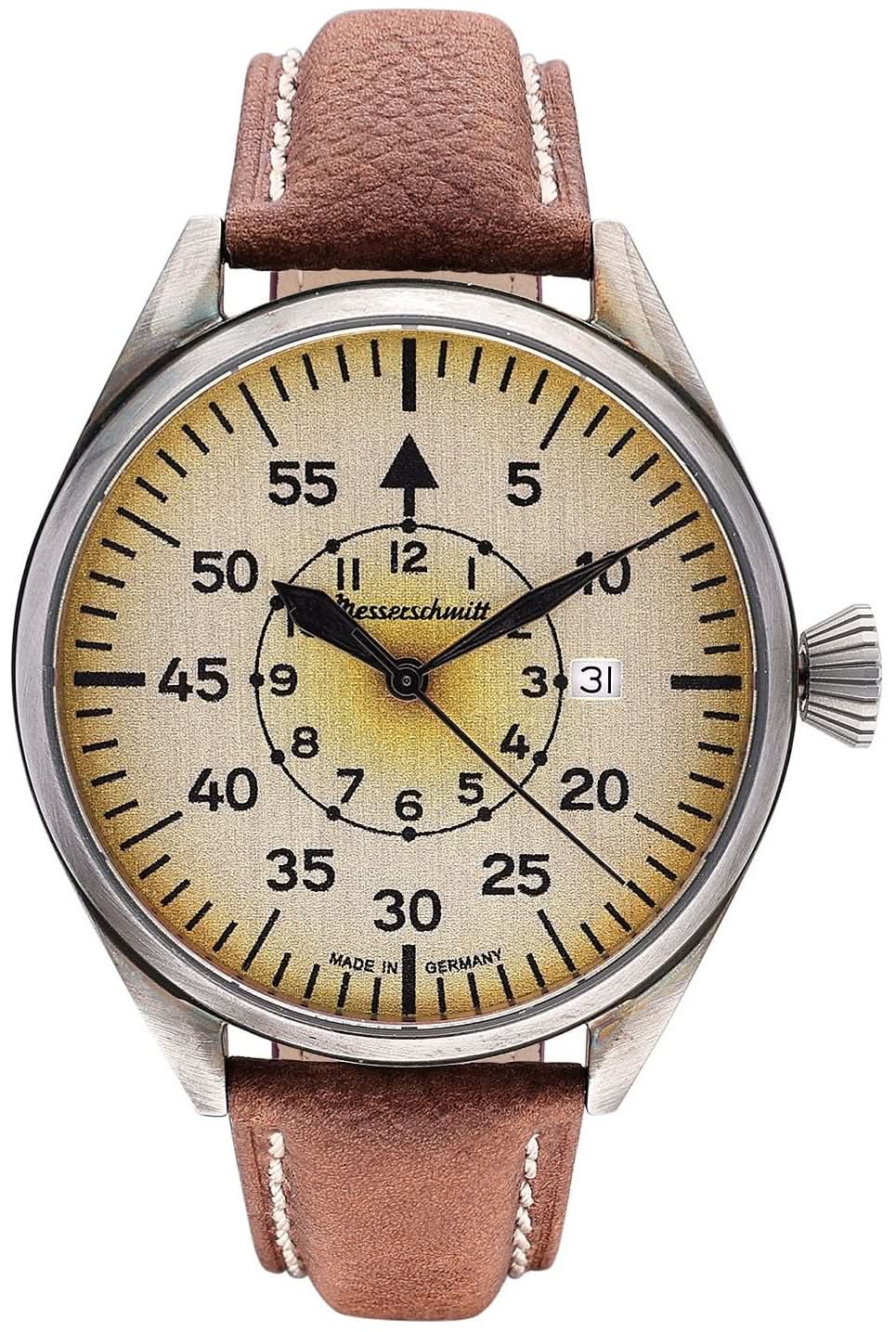 Montre Messerschmitt pour homme avec bracelet en cuir marron, boîtier rond en métal et cadran jaune