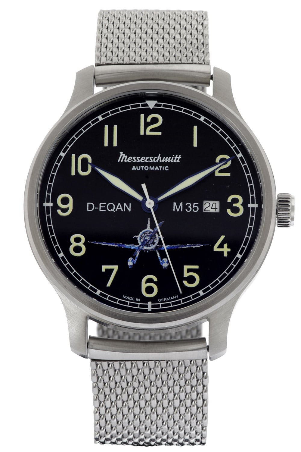 Herrenarmbanduhr Messerschmitt mit schwarzem Zifferblatt, silbernem Mesharmband und Ziffernindex