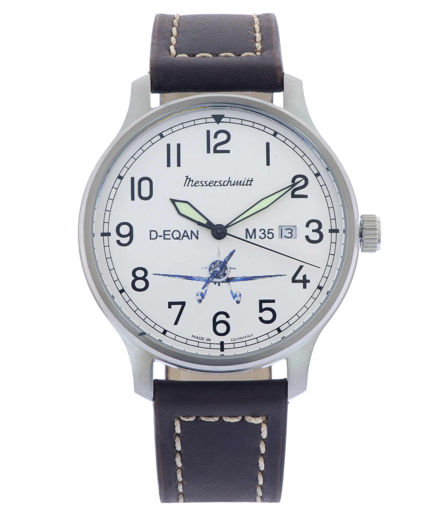 Messerschmitt Herrenarmbanduhr mit braunem Lederarmband, silbernem Gehäuse und weißem Zifferblatt