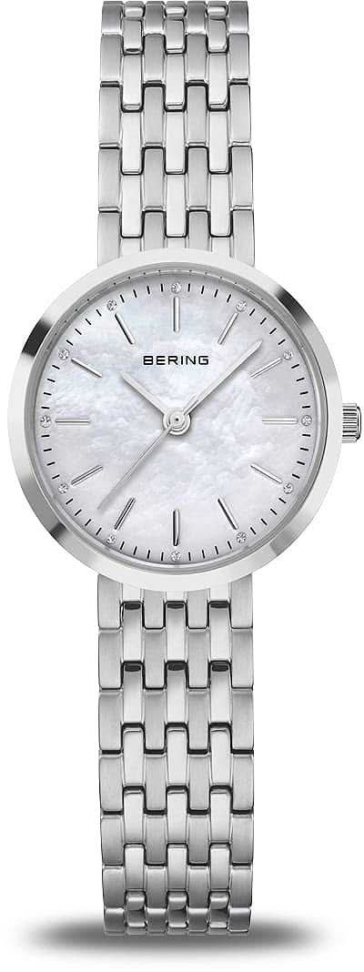 Montre pour femme avec bracelet en métal argenté et cadran rond en nacre blanche