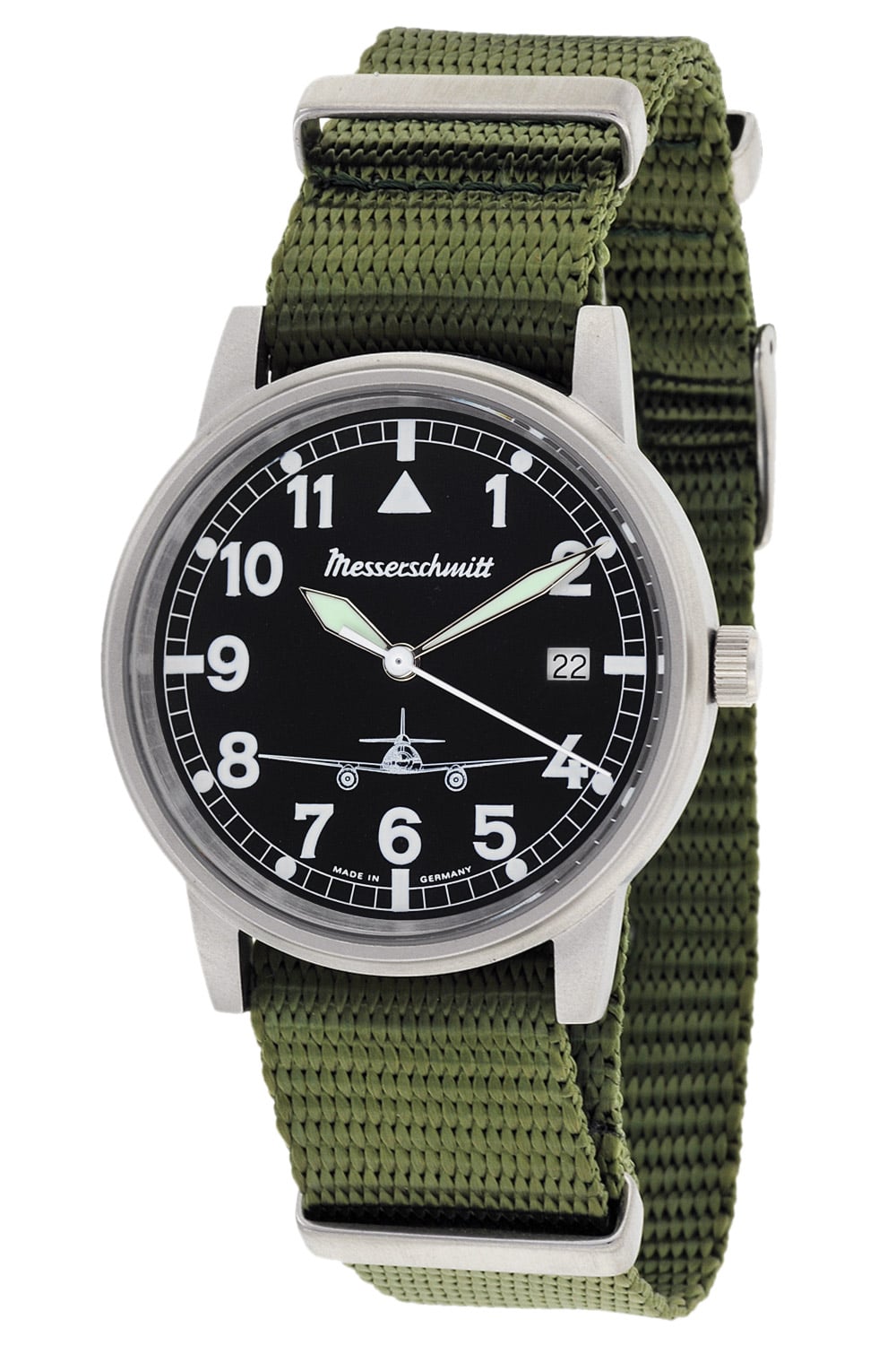 Messerschmitt Herrenarmbanduhr mit schwarzem Zifferblatt, silbernem Gehäuse und olivgrünem Textilband