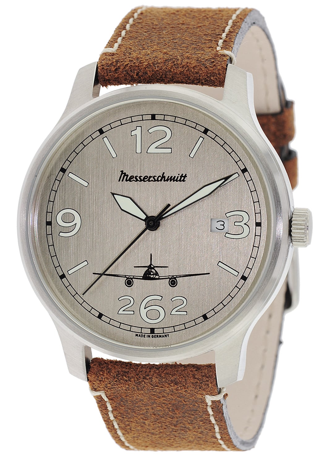Messerschmitt Herrenarmbanduhr: braunes Lederband, graues Zifferblatt mit 12/3/6