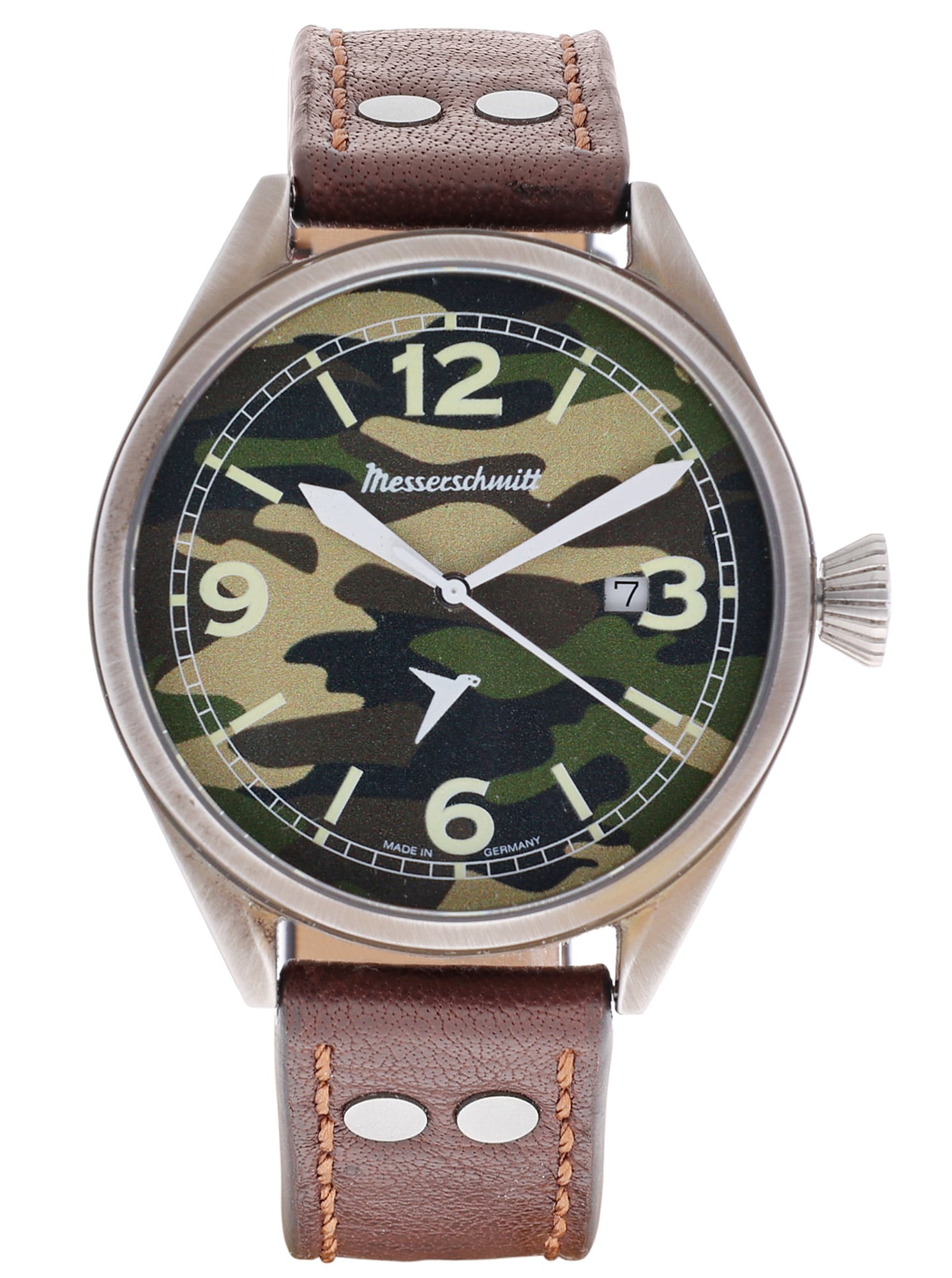 Herrenarmbanduhr mit rundem Edelstahlgehäuse, braunem Lederarmband und Camouflage-Zifferblatt