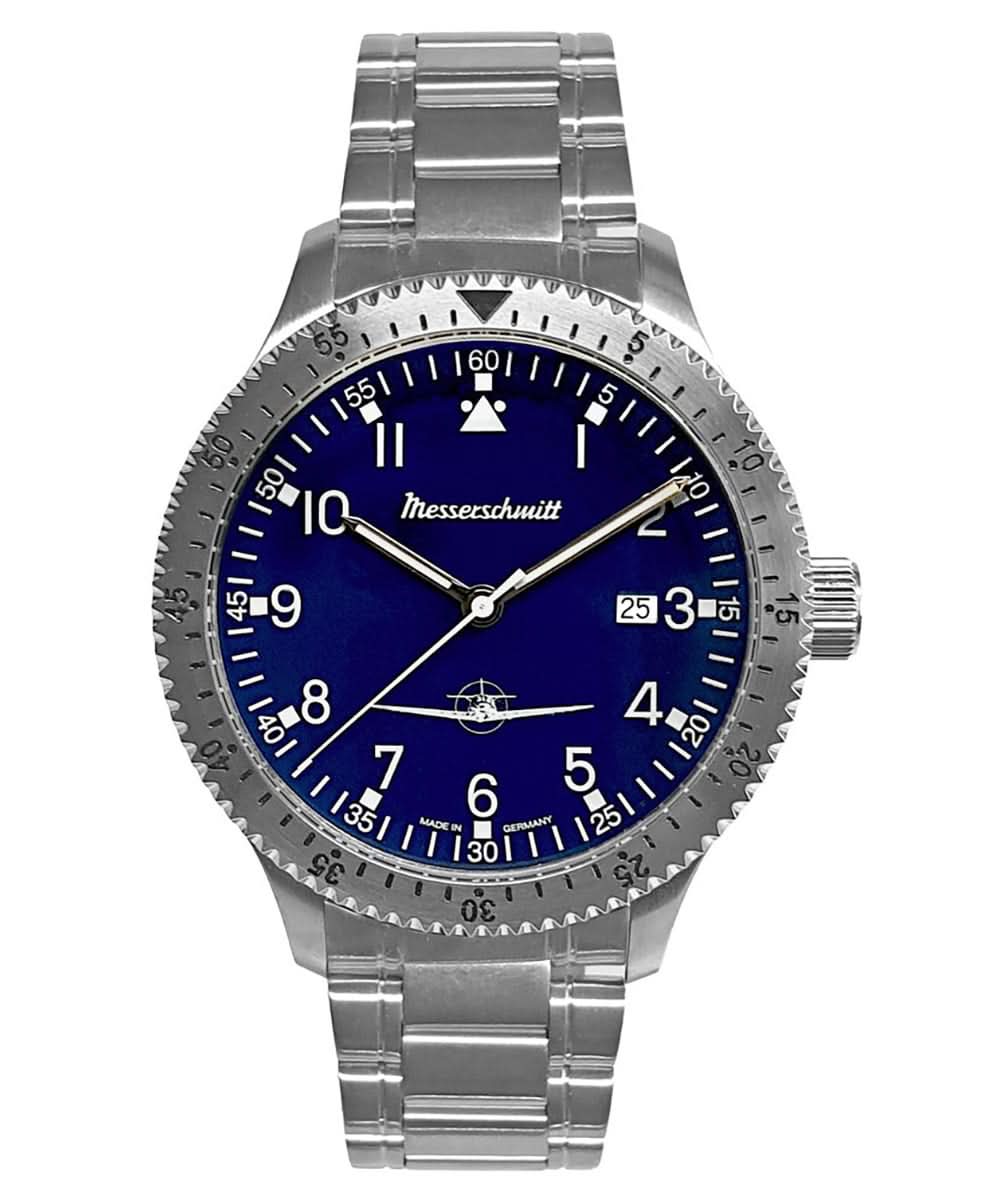 Herren Fliegeruhr Messerschmitt ME-108DR-MB mit blauem Zifferblatt und Metallarmband