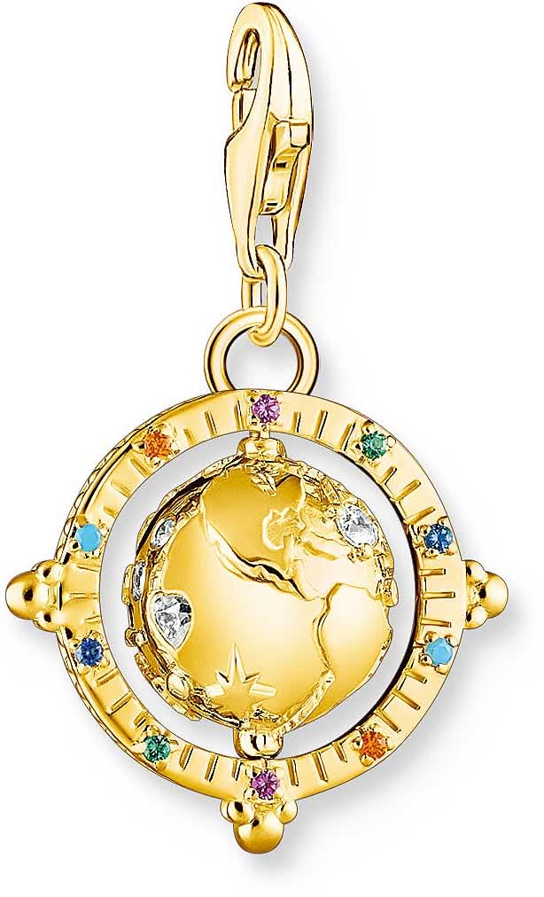 Pendentif globe terrestre en or jaune, émail et strass bleu/violet.
