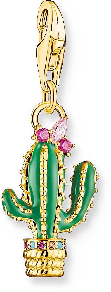 Pendentif breloque cactus finition or jaune, émaillé vert avec pierres roses, passant en haut