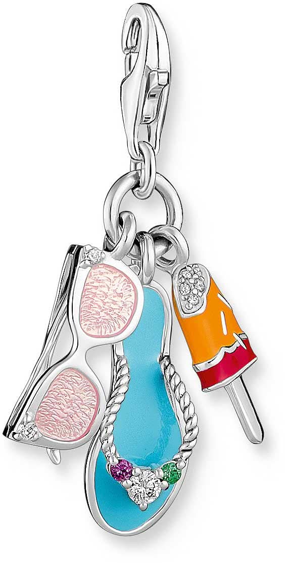 Silberner Charm-Anhänger mit türkisfarbenem Flip-Flop, rosa Sonnenbrille und Eiscreme-Motiv