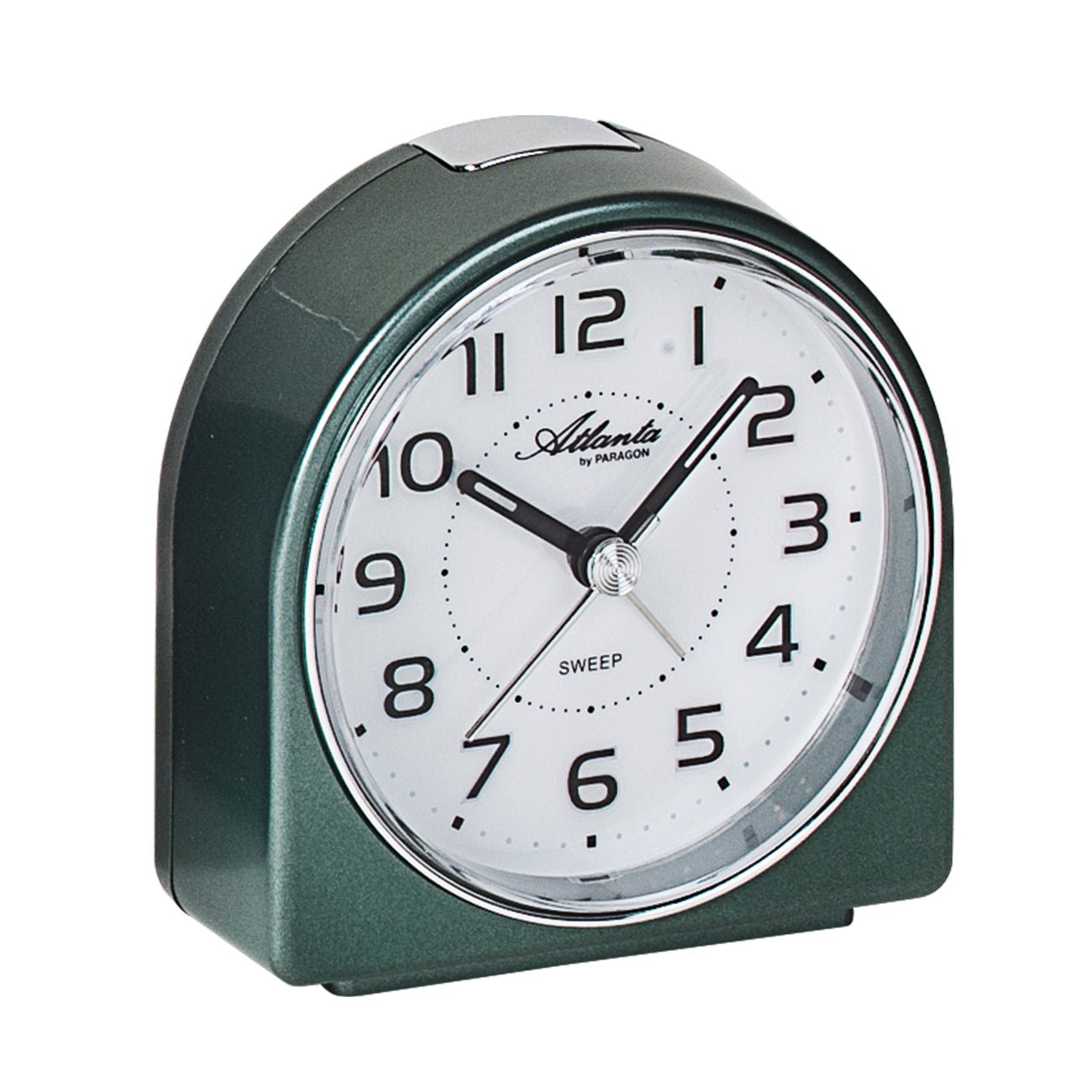 Réveil compact avec boîtier vert, cadran blanc et aiguilles noires
