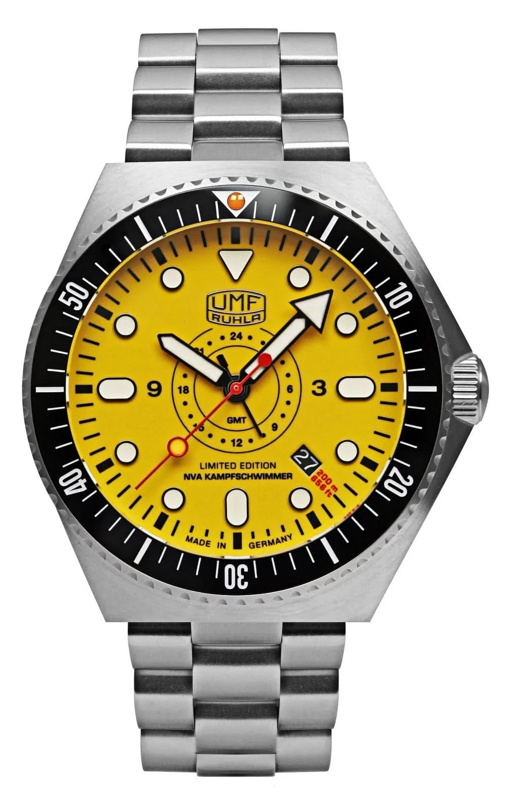 Montre-bracelet pour homme UMF Ruhla avec cadran jaune, bracelet en acier et lunette GMT