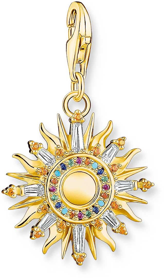 Pendentif doré avec soleil 3D, bordure bleue et pierres colorées, avec fermoir mousqueton