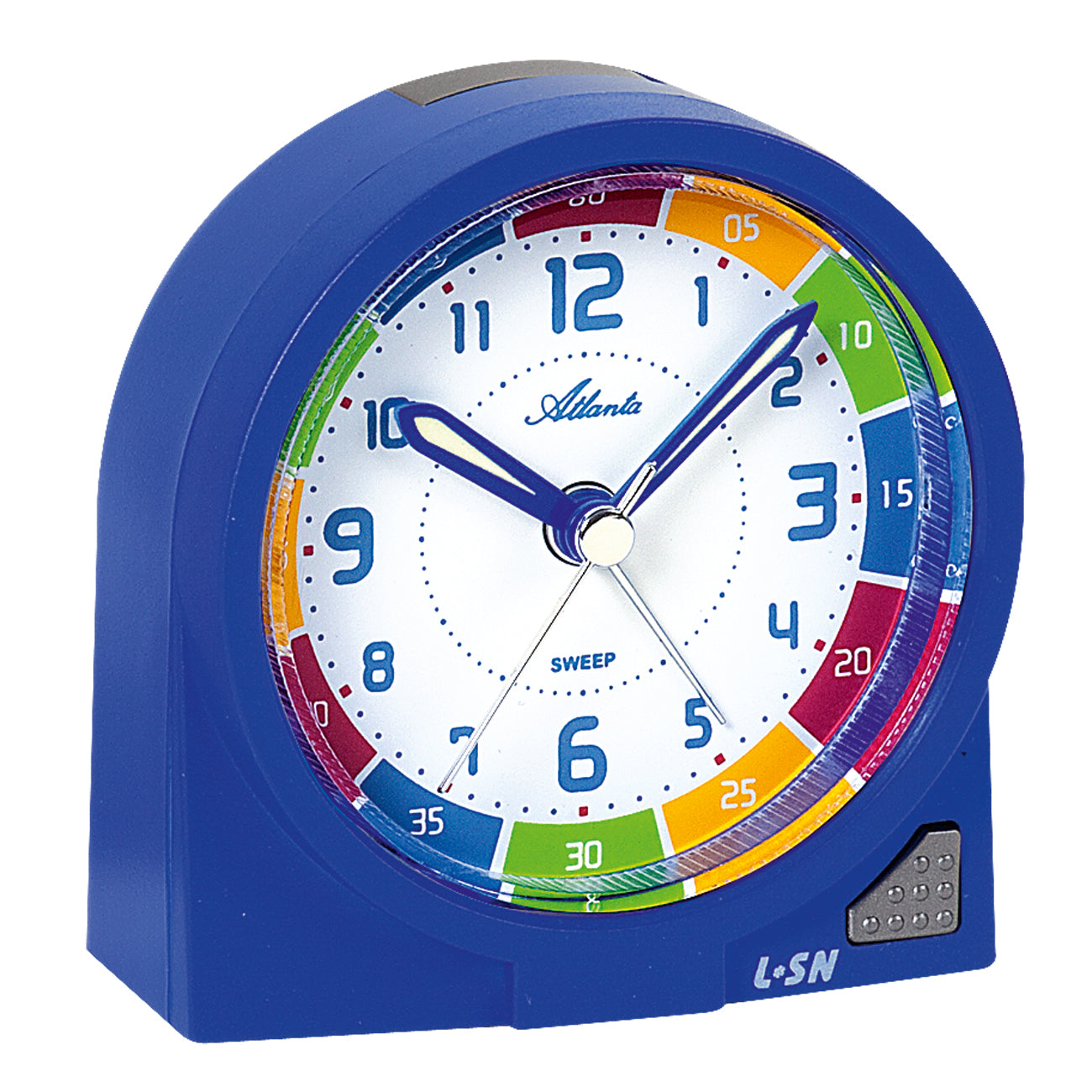 Réveil enfant bleu avec cadran analogique, chiffres colorés et élément lumineux en bas à droite