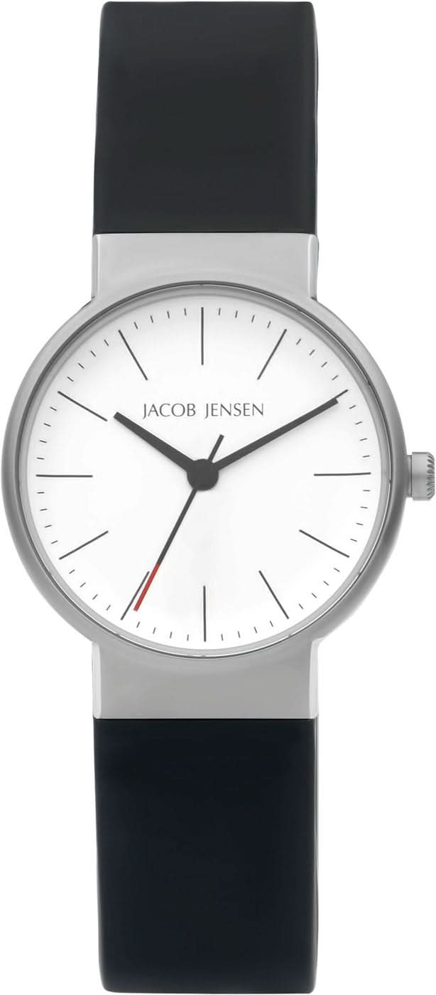 Montre pour homme Jacob Jensen avec bracelet en silicone noir, boîtier argenté et cadran blanc