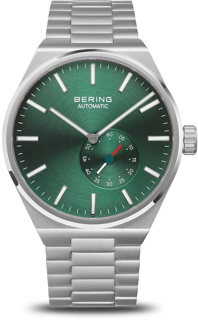 Herrenuhr mit grünem Zifferblatt, Leuchtindexen und silbernem Metallarmband