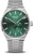 Herrenuhr mit grünem Zifferblatt, Leuchtindexen und silbernem Metallarmband