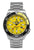 Montre homme avec bracelet en métal argenté et cadran jaune, lunette noire
