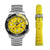 Montre pour homme avec bracelet en métal argenté, cadran jaune ; bracelet en caoutchouc jaune