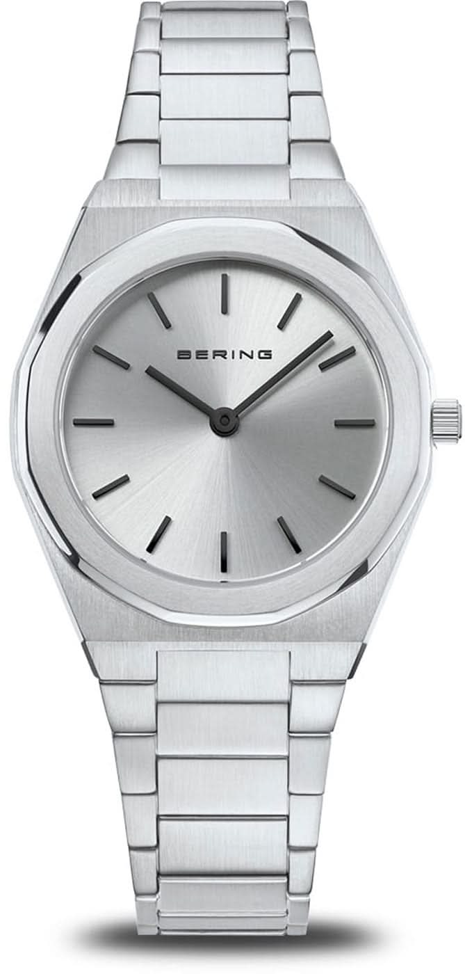Bering Damenuhr mit silbernem Metallarmband, rundem Zifferblatt und Indexen