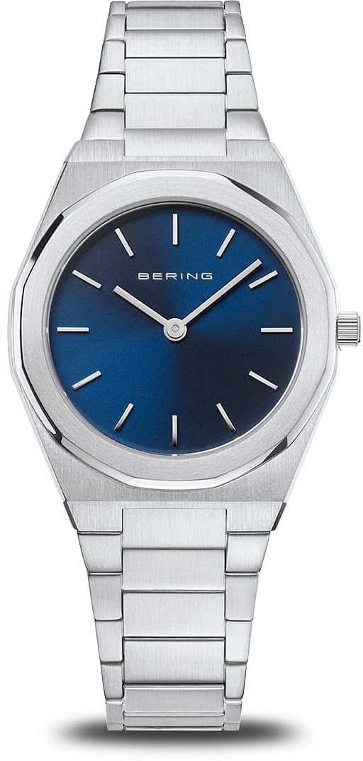 Bering Damenuhr mit blauem Zifferblatt, runden Indexen und silbernem Metallarmband