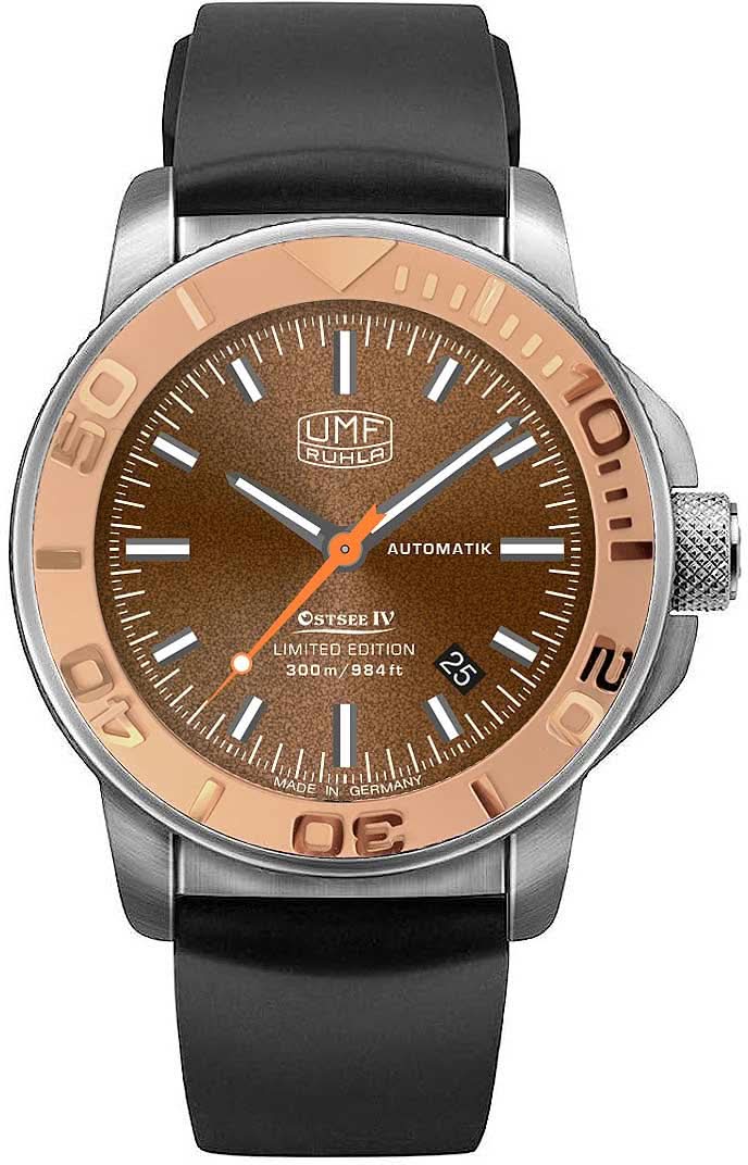 UMF Ruhla Herrenuhr mit schwarzem Armband, rundem silbernem Gehäuse und braunem Zifferblatt