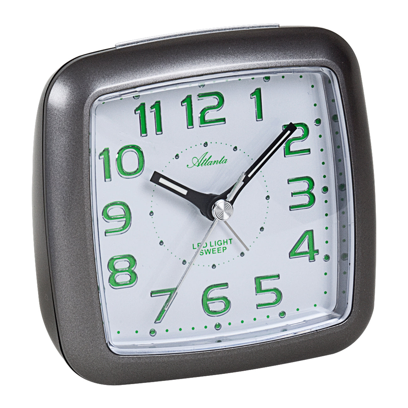 Réveil compact avec boîtier anthracite et chiffres lumineux verts
