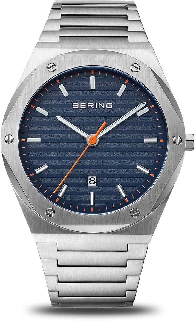 Bracelet de montre pour homme avec cadran bleu, bracelet en métal argenté et aiguille orange