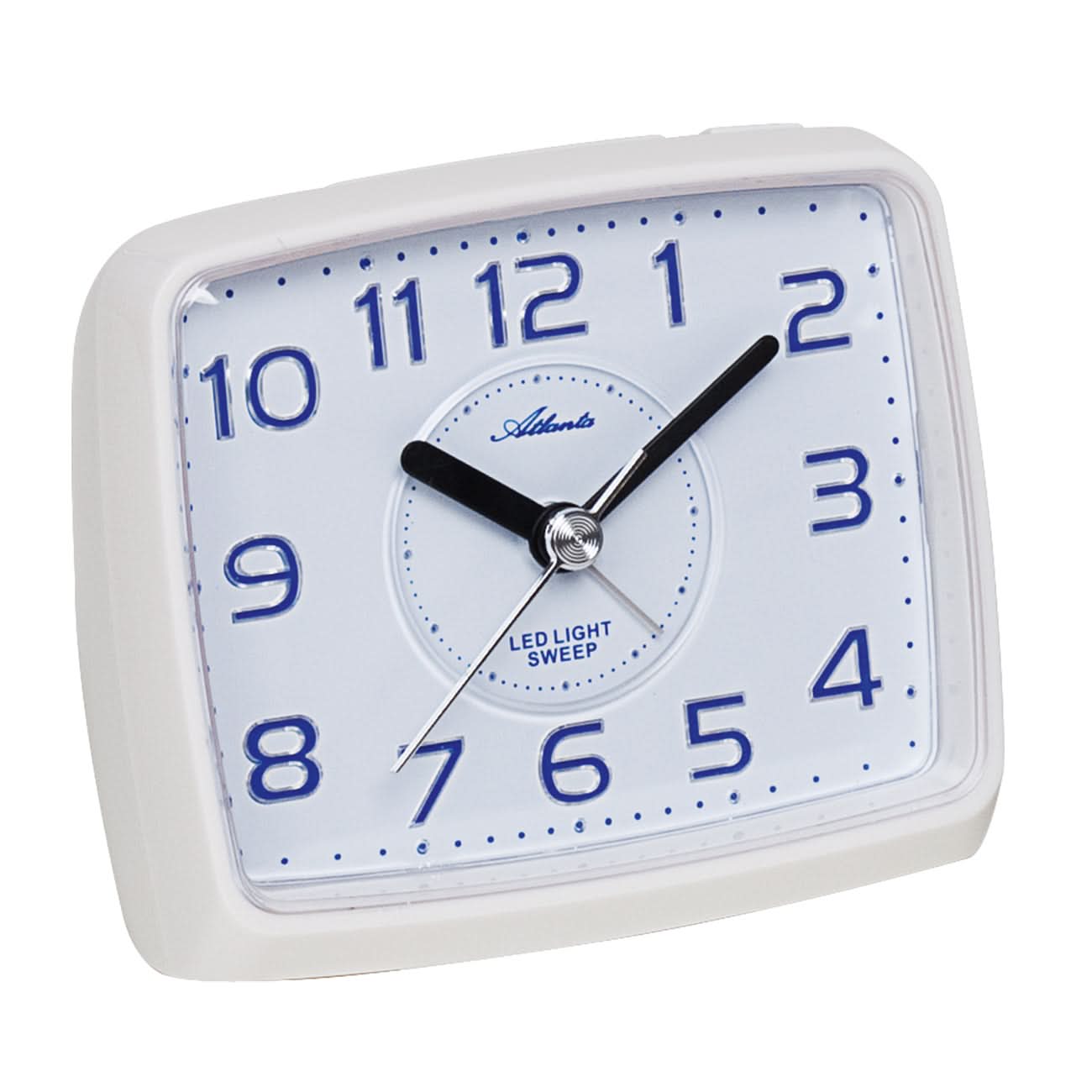Réveil avec boîtier blanc et cadran bleu, aiguilles analogiques et lumière LED