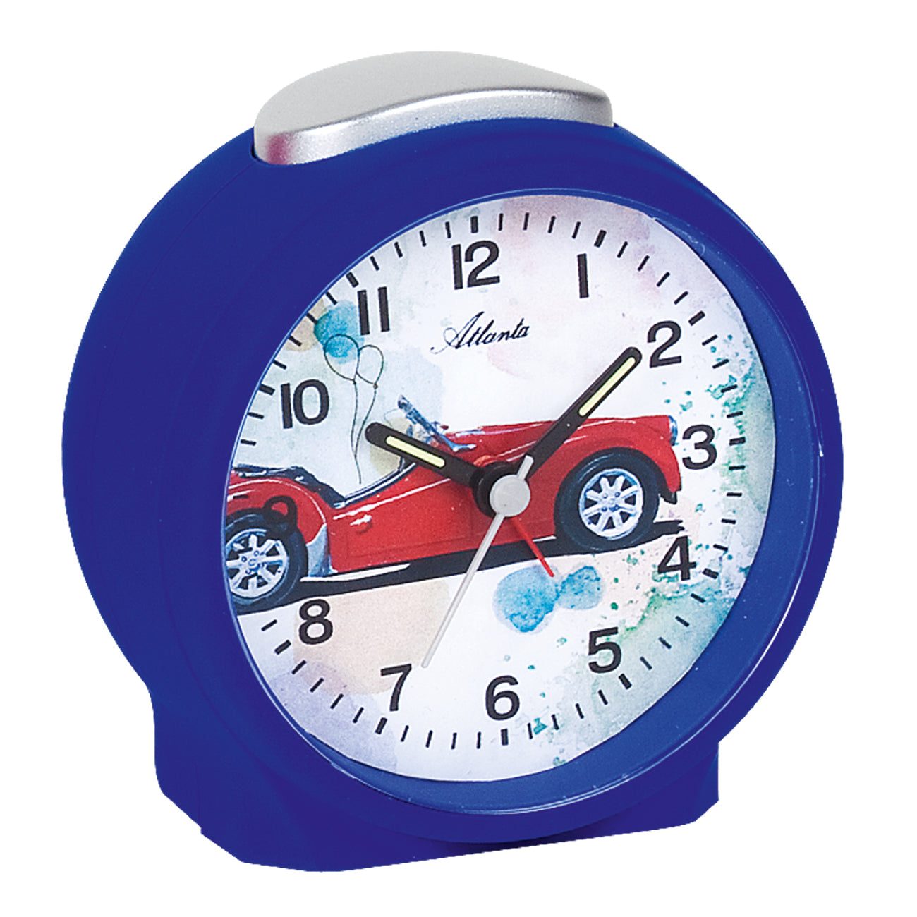 Réveil avec boîtier bleu, cadran blanc avec voitures rouges et accents bleus