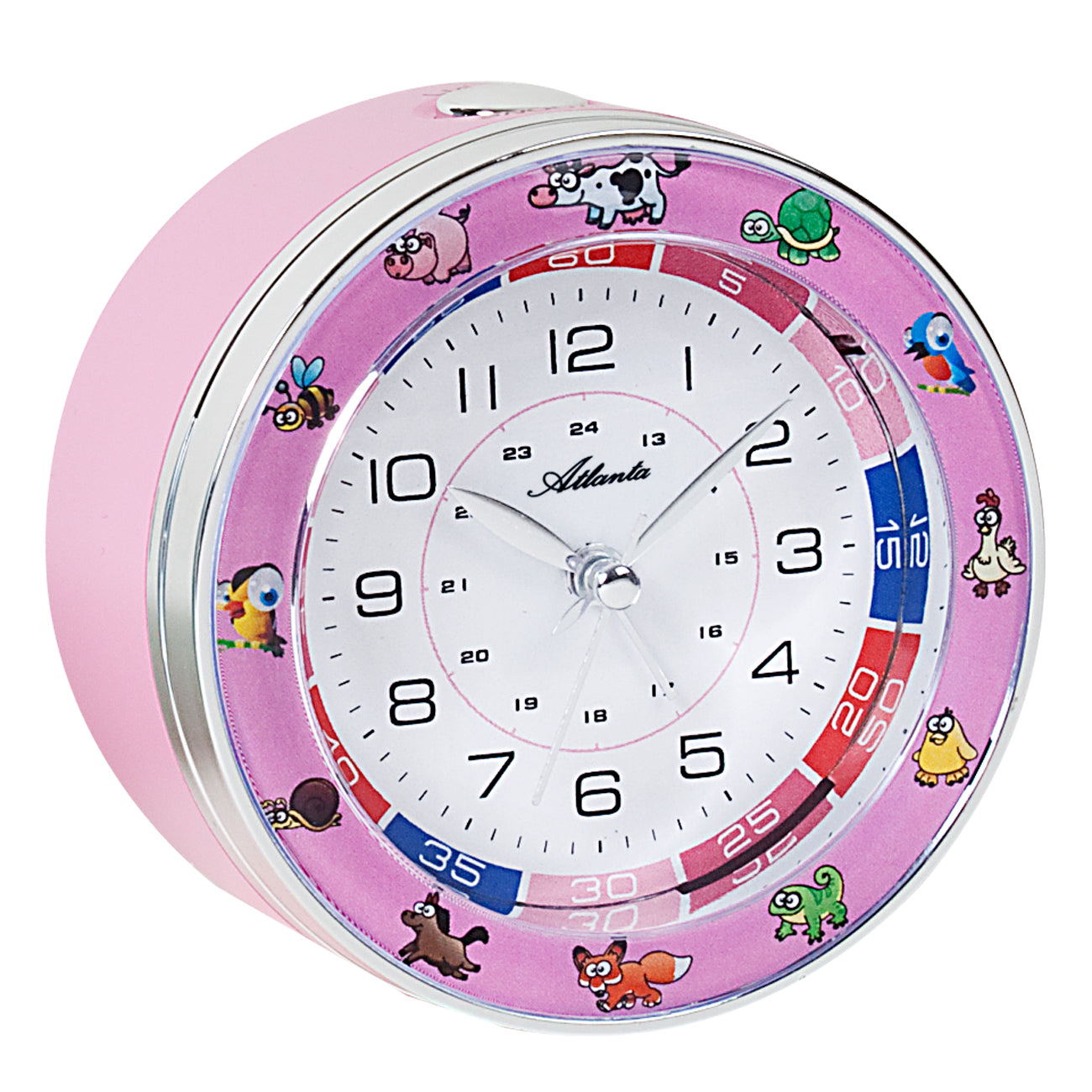 Réveil enfant Atlanta avec boîtier rose et motifs d'animaux, cadran analogique