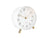 Réveil analogique blanc avec socle doré et chiffres sur cadran blanc