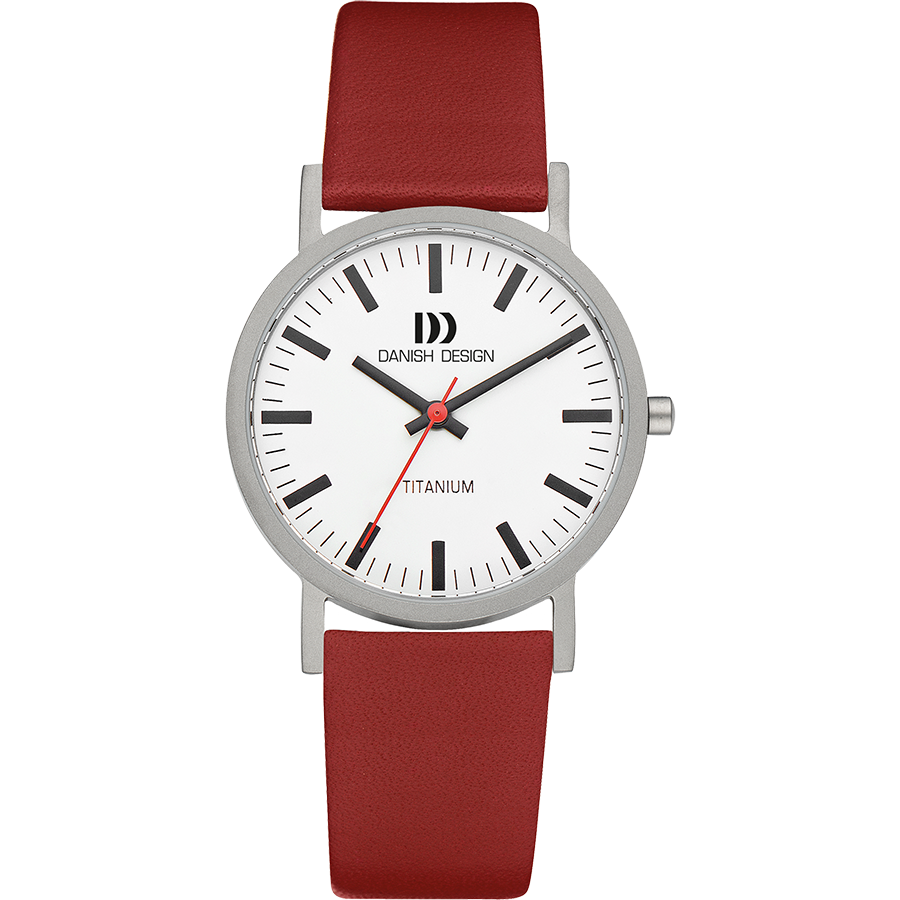 Danish Design Armbanduhr mit rotem Lederband, weißem Zifferblatt und Titan-Gehäuse