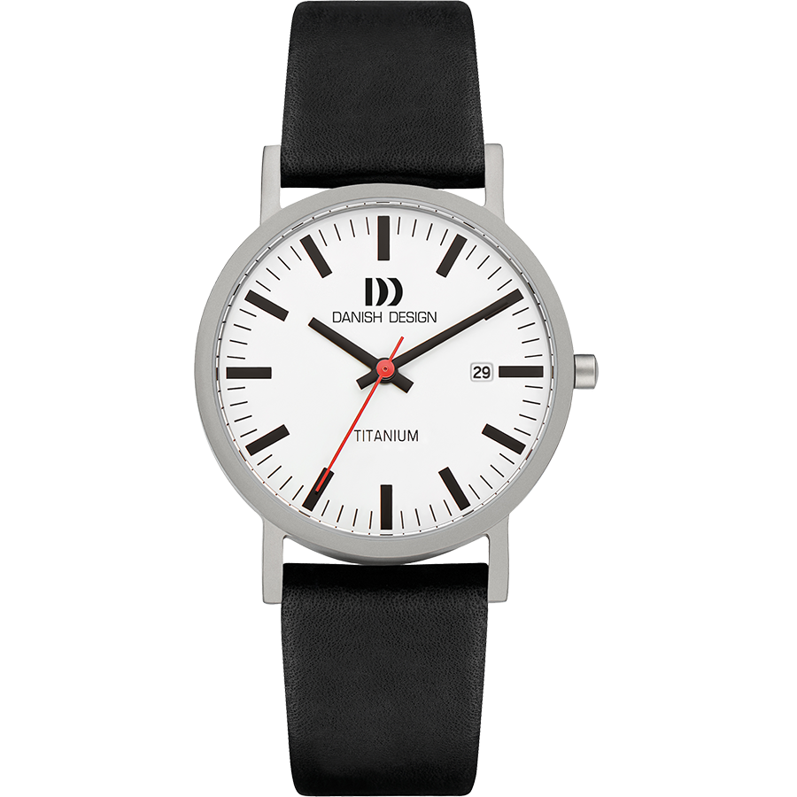Danish Design Herrenuhr mit Titangehäuse, weißem Zifferblatt und schwarzem Lederarmband