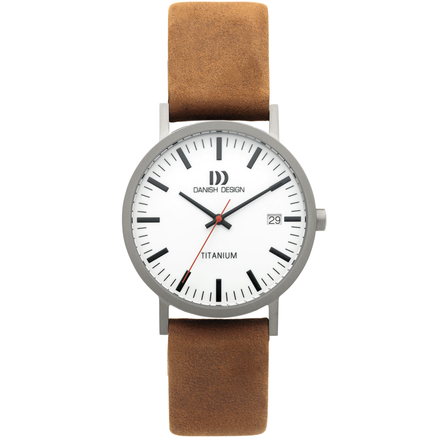 Armbanduhr mit weißem Zifferblatt, braunem Lederarmband und Titangehäuse