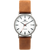 Armbanduhr mit weißem Zifferblatt, braunem Lederarmband und Titangehäuse