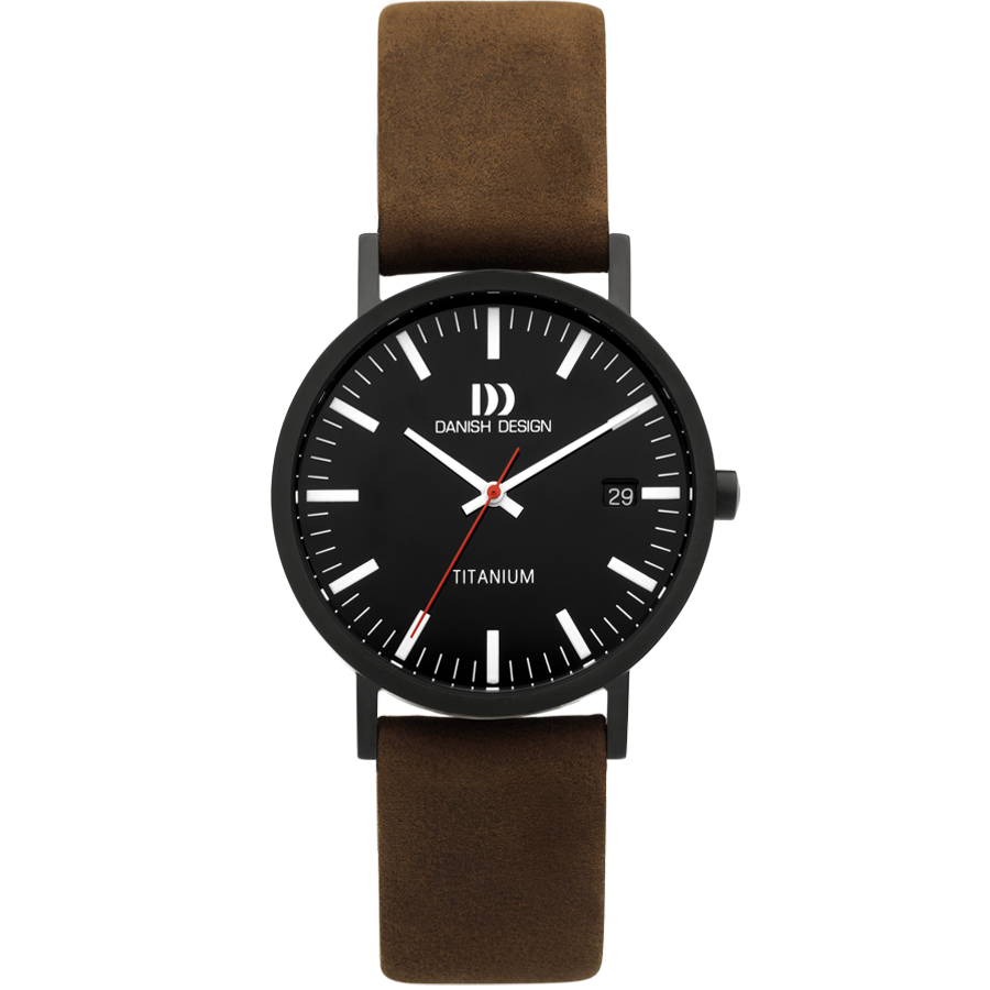 Armbanduhr: schwarzes Zifferblatt, braunes Lederarmband, Titangehäuse, roter Akzentzeiger