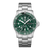 Montre de sport avec cadran vert, bracelet en acier inoxydable argenté, affichage de la date