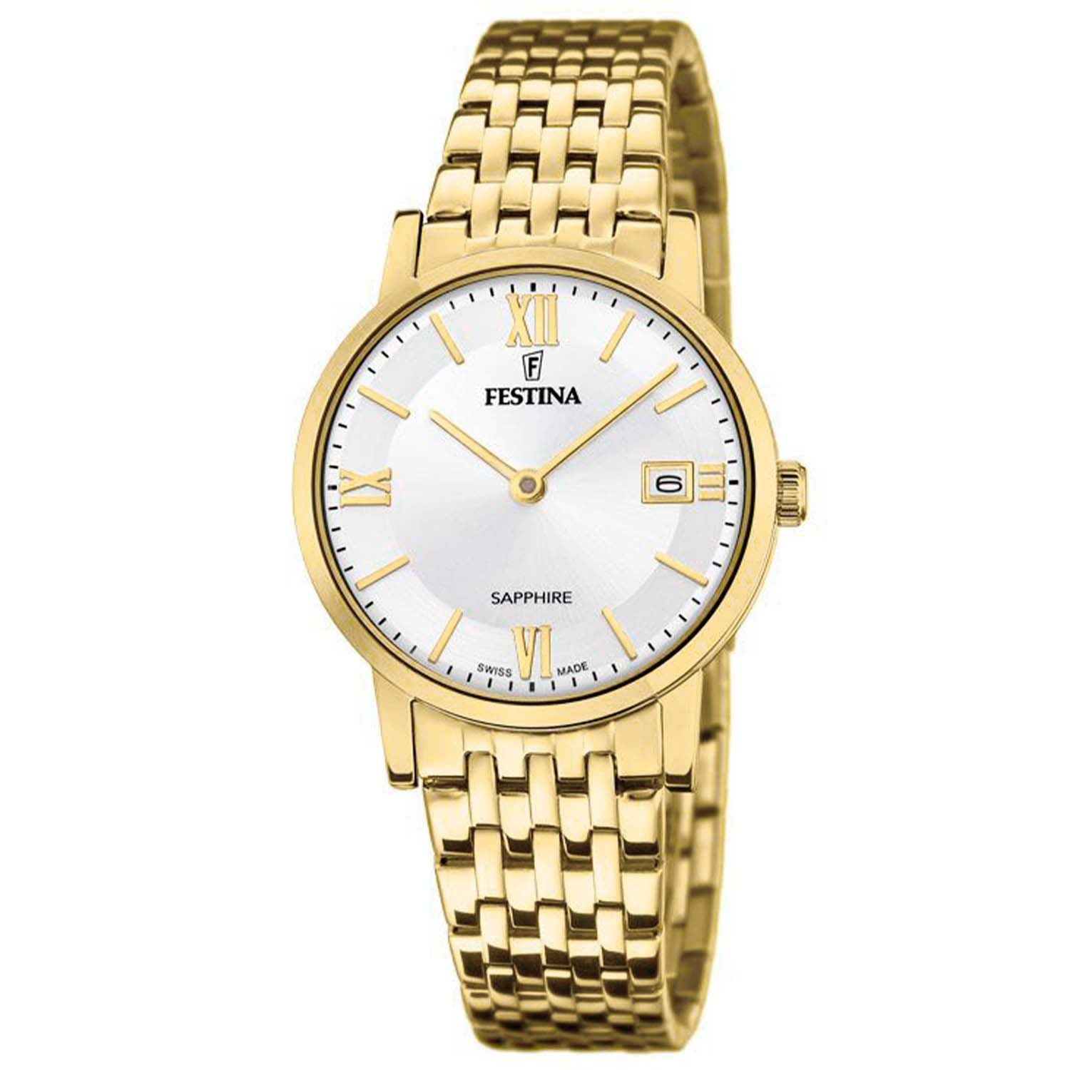 Goldfarbene Damenuhr mit Metallarmband, weißem Zifferblatt, Saphirglas