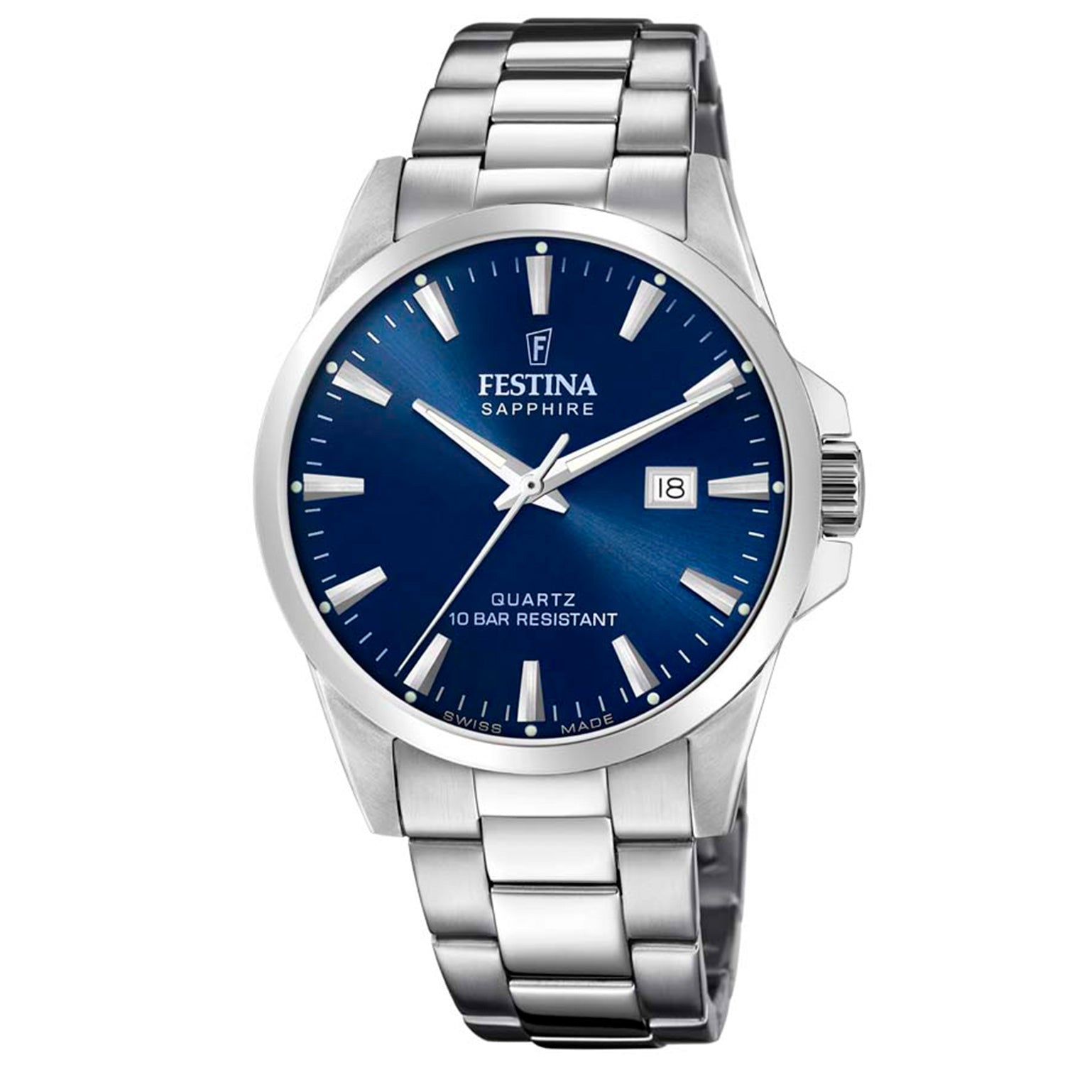 Festina Herrenarmbanduhr mit blauem Zifferblatt und Edelstahlarmband, Datumsanzeige