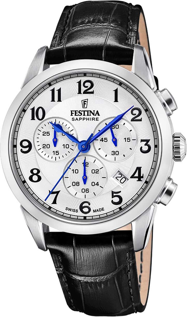 Montre Festina pour homme avec bracelet en cuir noir, boîtier rond argenté, affichage analogique