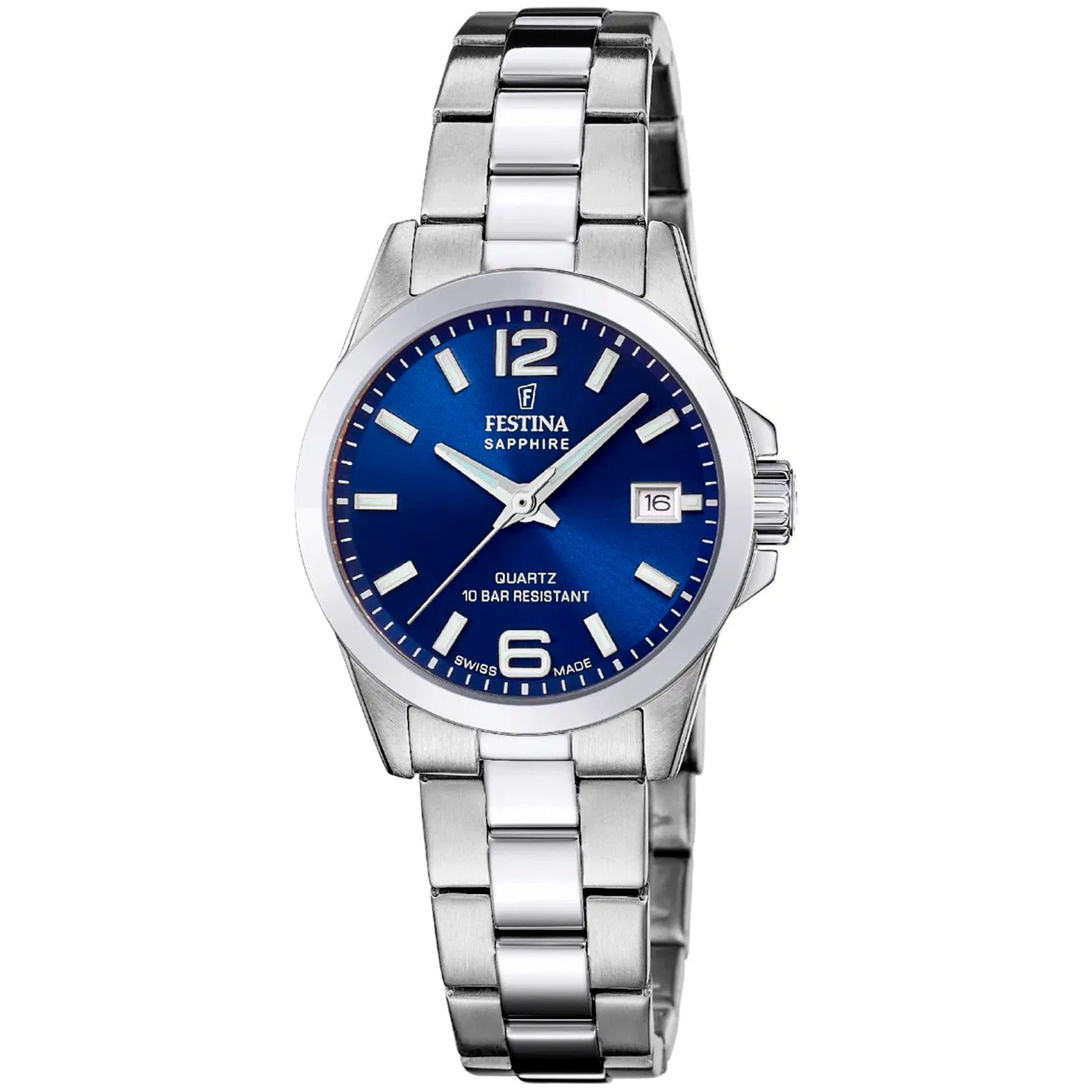 Festina Damenuhr mit blauem Zifferblatt, Edelstahlband und Datumsfenster bei 3