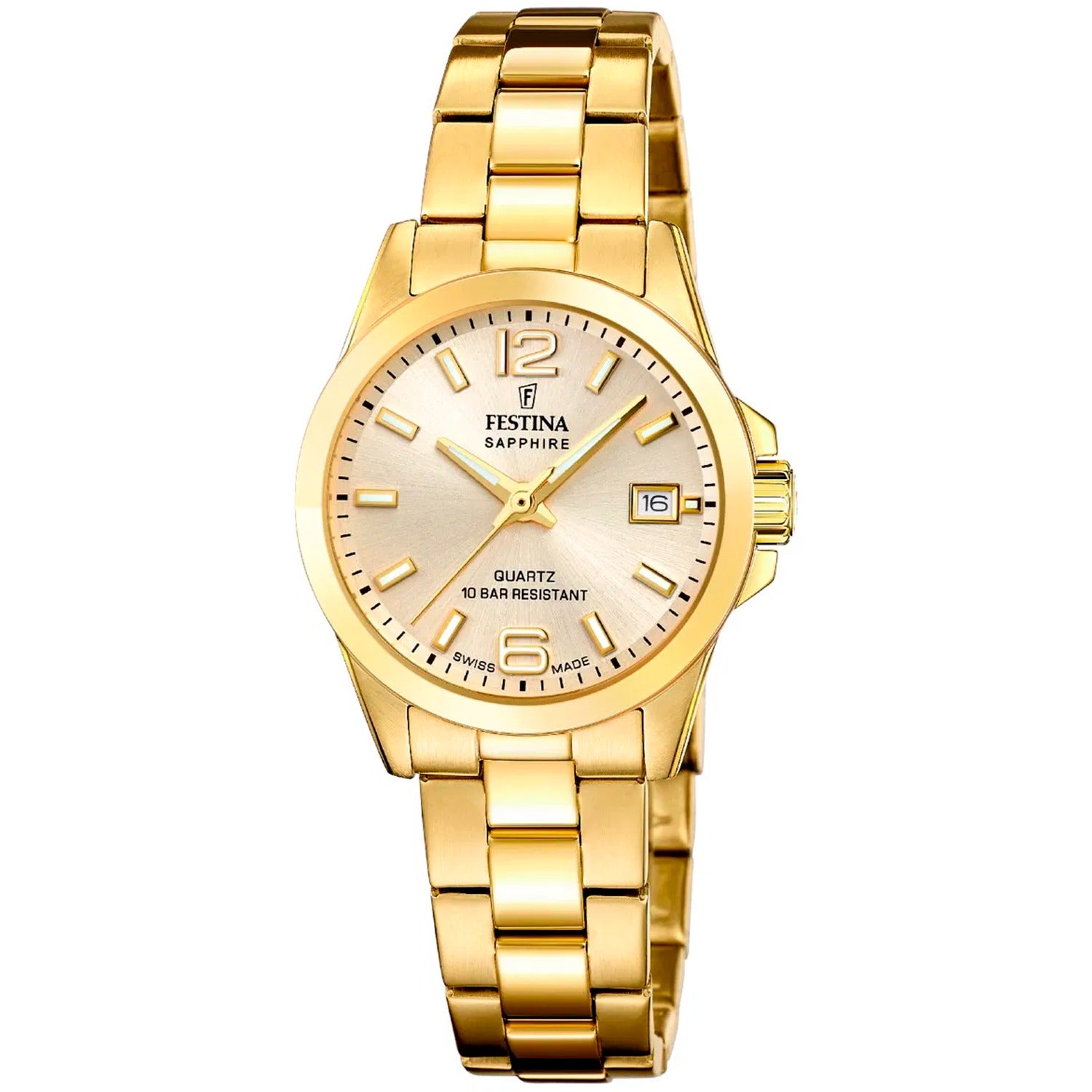 Festina Damen-Armbanduhr goldfarben mit Saphirglas, weißem Zifferblatt und Datumsanzeige