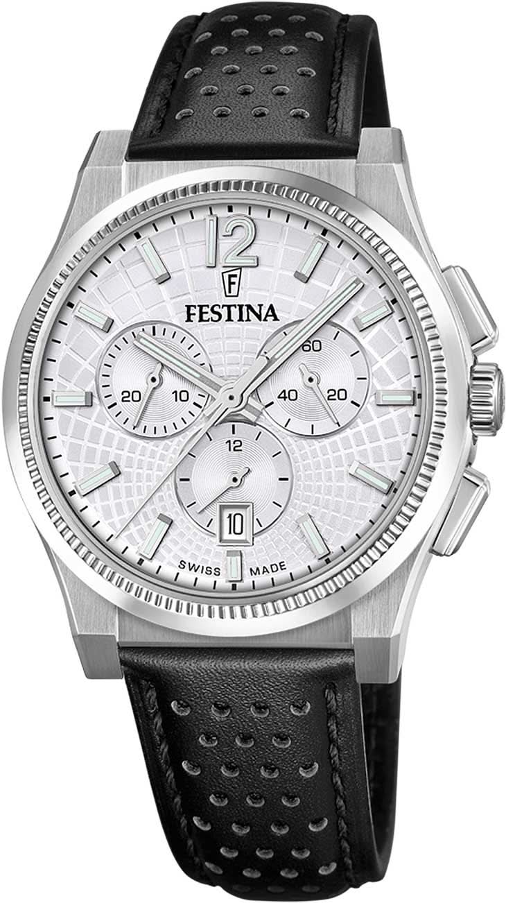 Montre Festina pour homme : boîtier argenté, cadran chrono blanc, bracelet en cuir noir