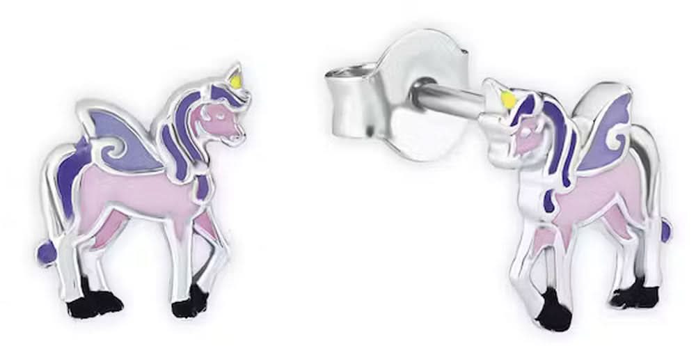 Paire de clous d'oreilles licorne avec monture argentée et figurine de licorne rose-violet