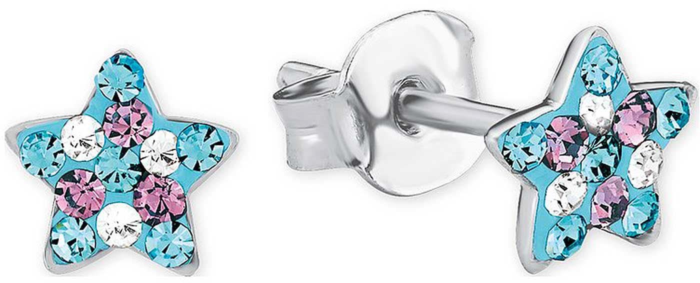Boucles d'oreilles étoile Prinzessin Lillifee avec pierres bleu clair, roses et blanches, monture argentée